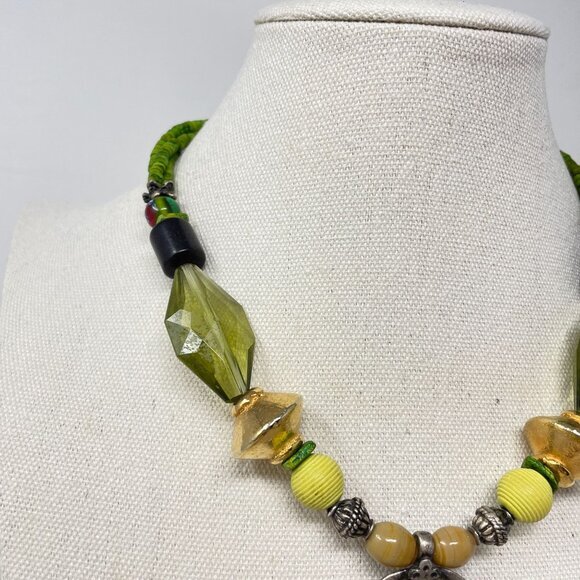Beaded‎ Silver Pendant Necklace Green Gold Murano Glass Beaded - Picture 4 of 15